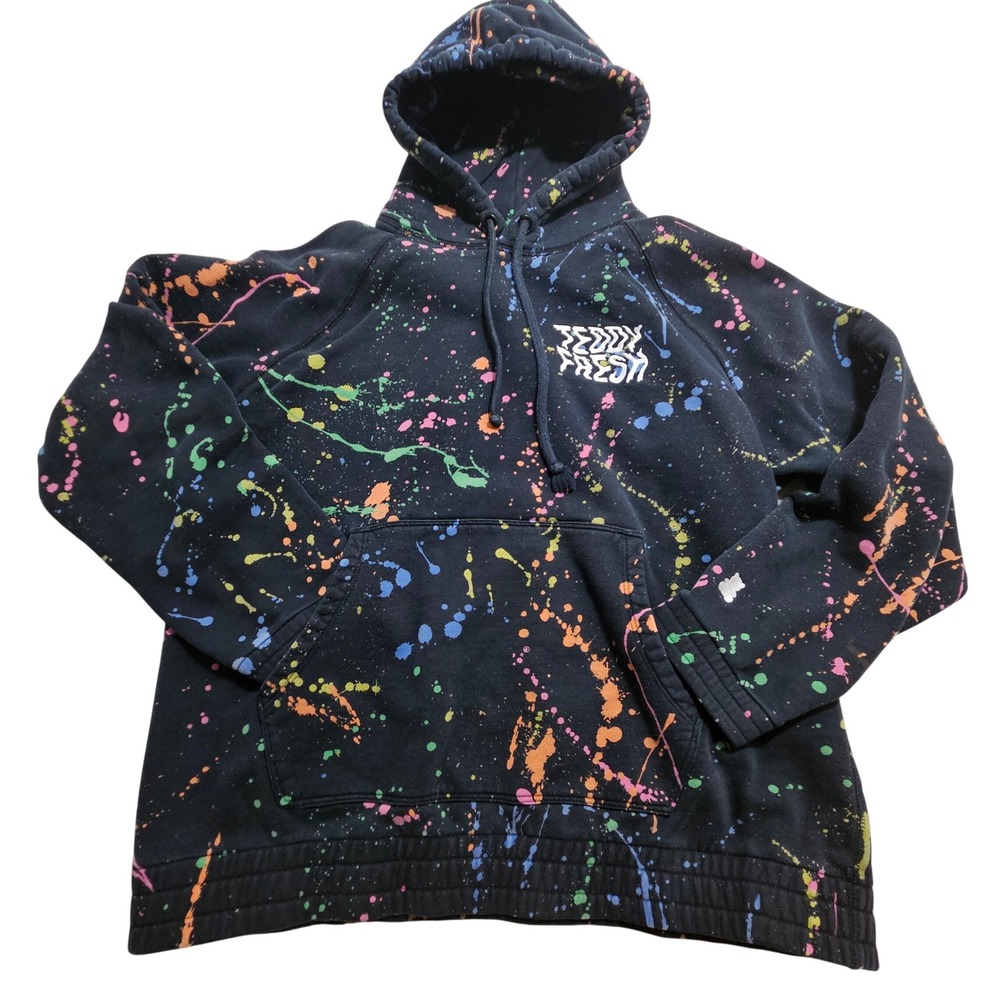 Teddy Fresh Paint Splatter Hoodie Mens XL Black Neon Streetwear Cotton Pullover